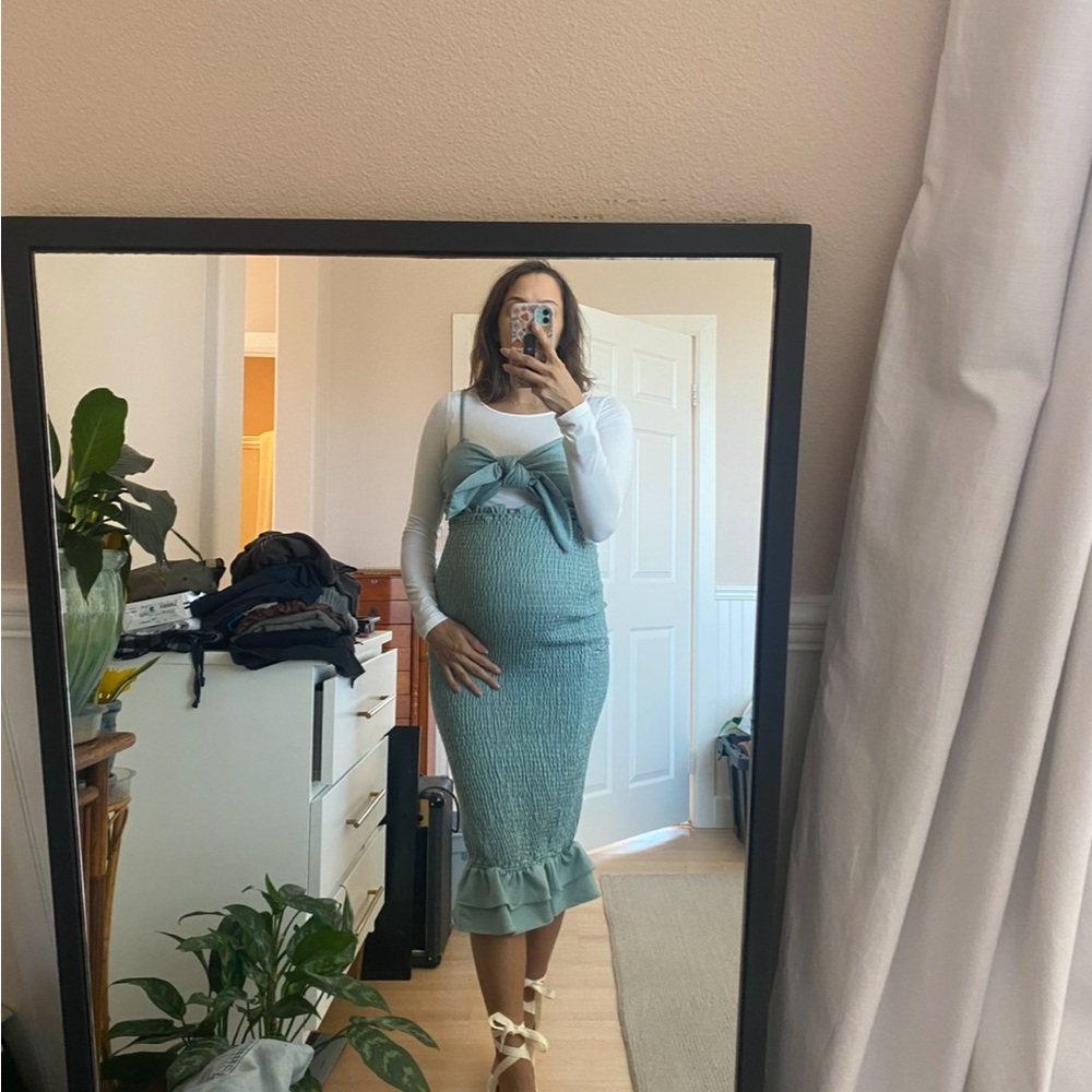 PinkBlush Green Gingham Print Smocked Fitted Self-Tie Maternity Dress